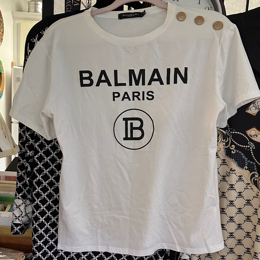 Balmain White Short-Sleeve Logo Tee with Gold Buttons